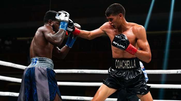 Sebastian Fundora lands a right hook on Erickson Lubin. Fundora-Lubin was one of the most exciting fights of 2022 in Coachella, California on Apr 5, 2023, (Ryan Hafey/Premier Boxing Champions ) Sebastian Fundora lands a right hook on Erickson Lubin during their epic 2022 battle. © Z News Inc.